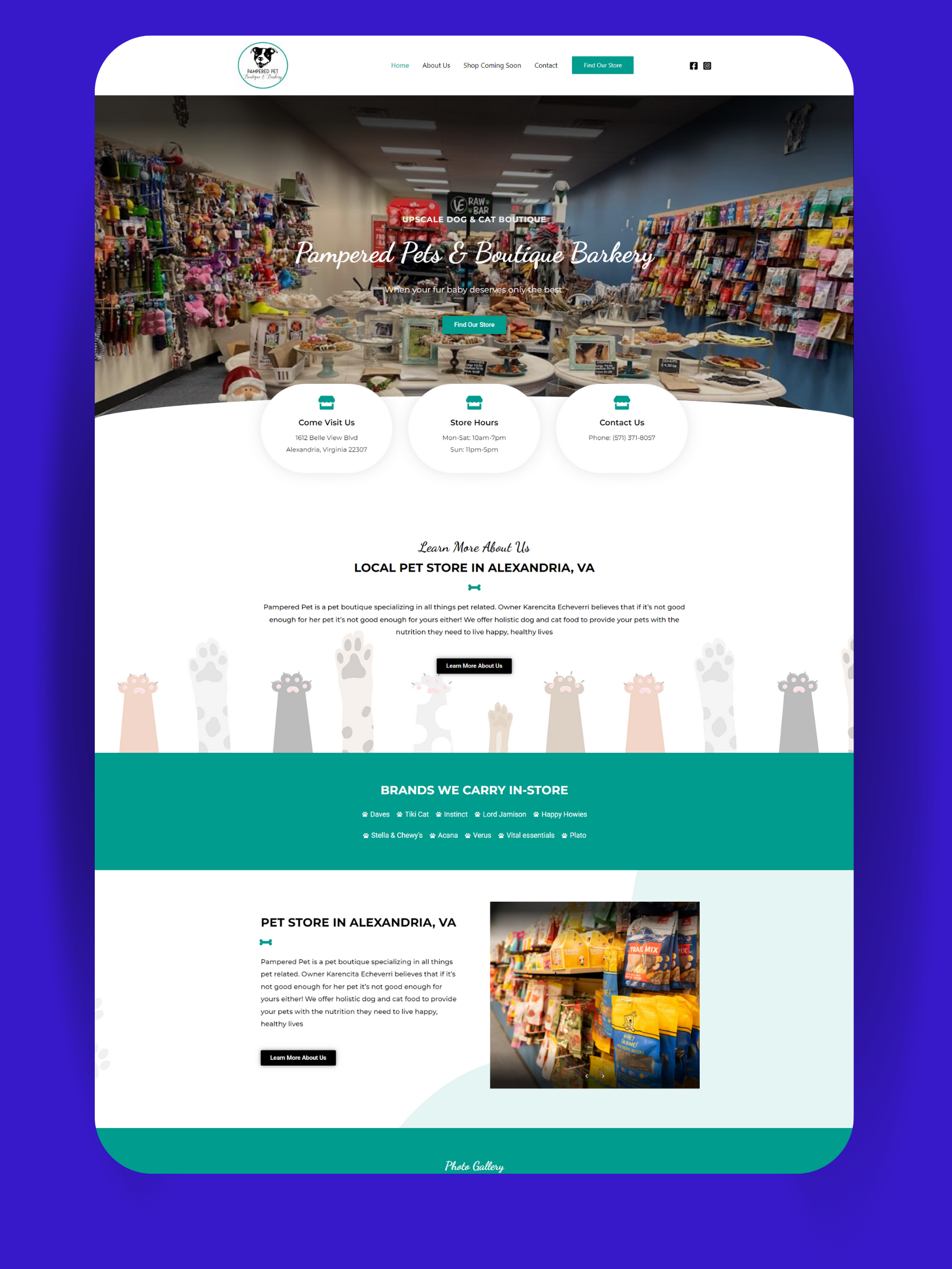 A home page preview of Pampered Pets Home Web Page