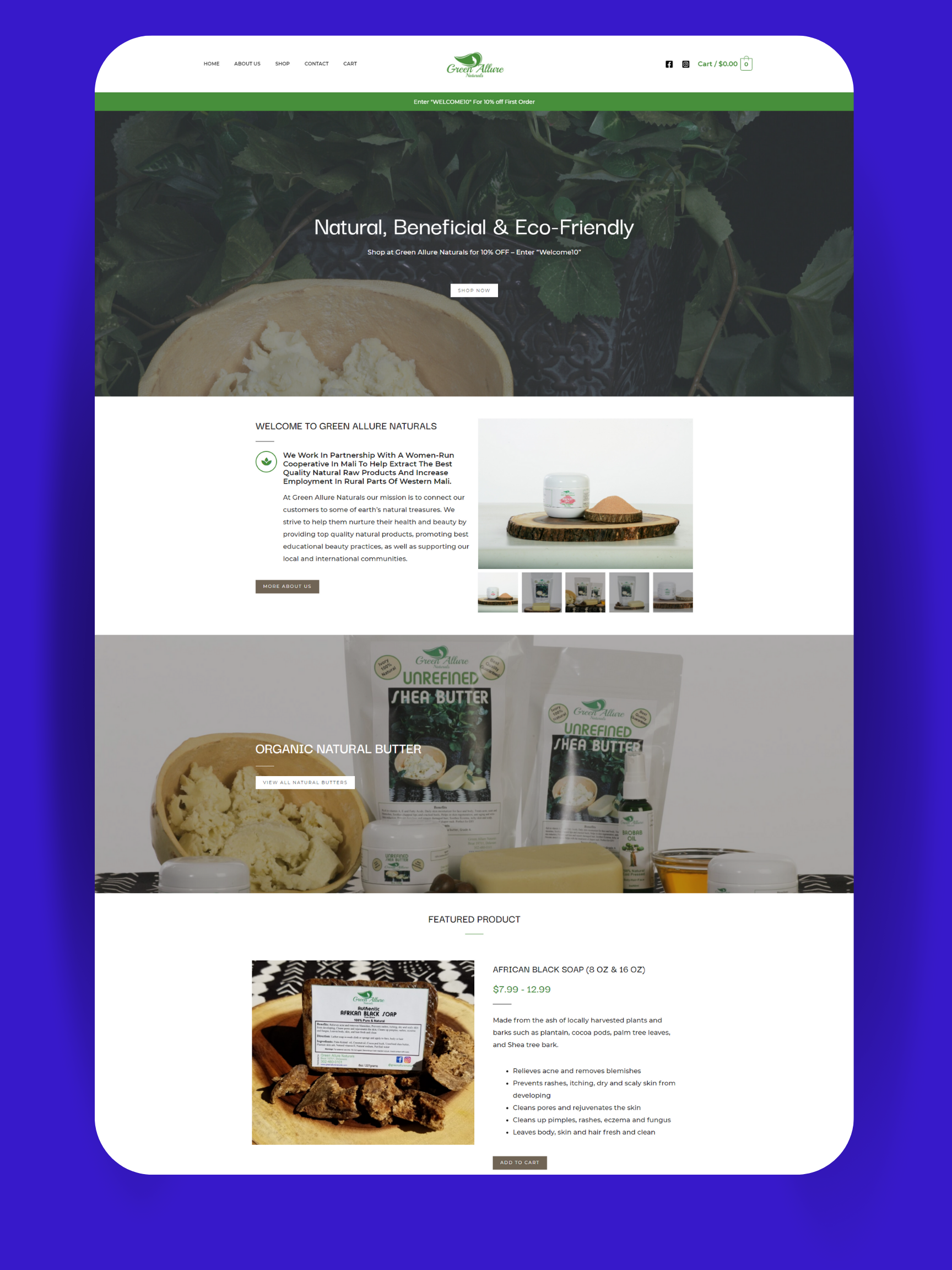 A home page preview of the eCommerce website of Green Allure Naturals