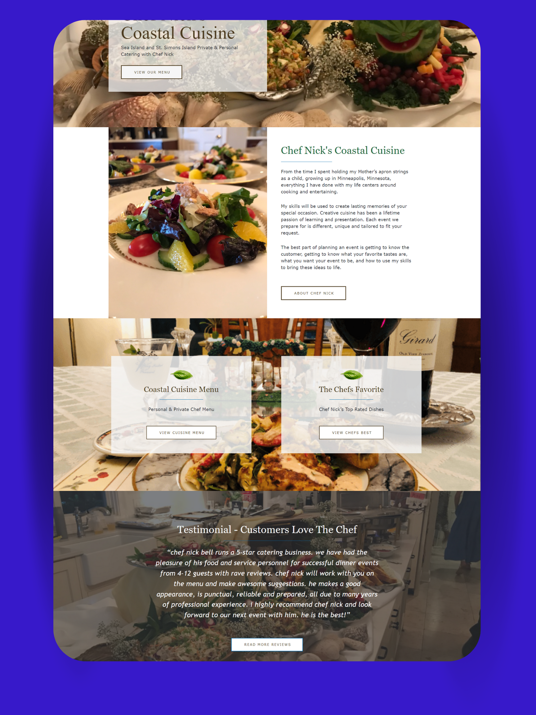 A home page preview of Chef Nicks Website